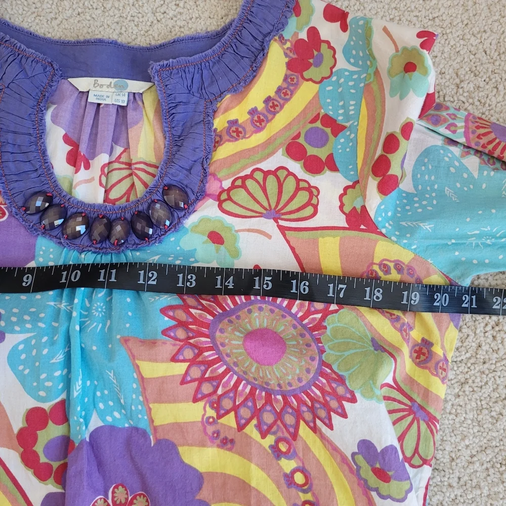 Boden Floral Vibrant Colors 100% Cotton Tunic Dress Embellished Women's US 10 - Picture 9 of 13